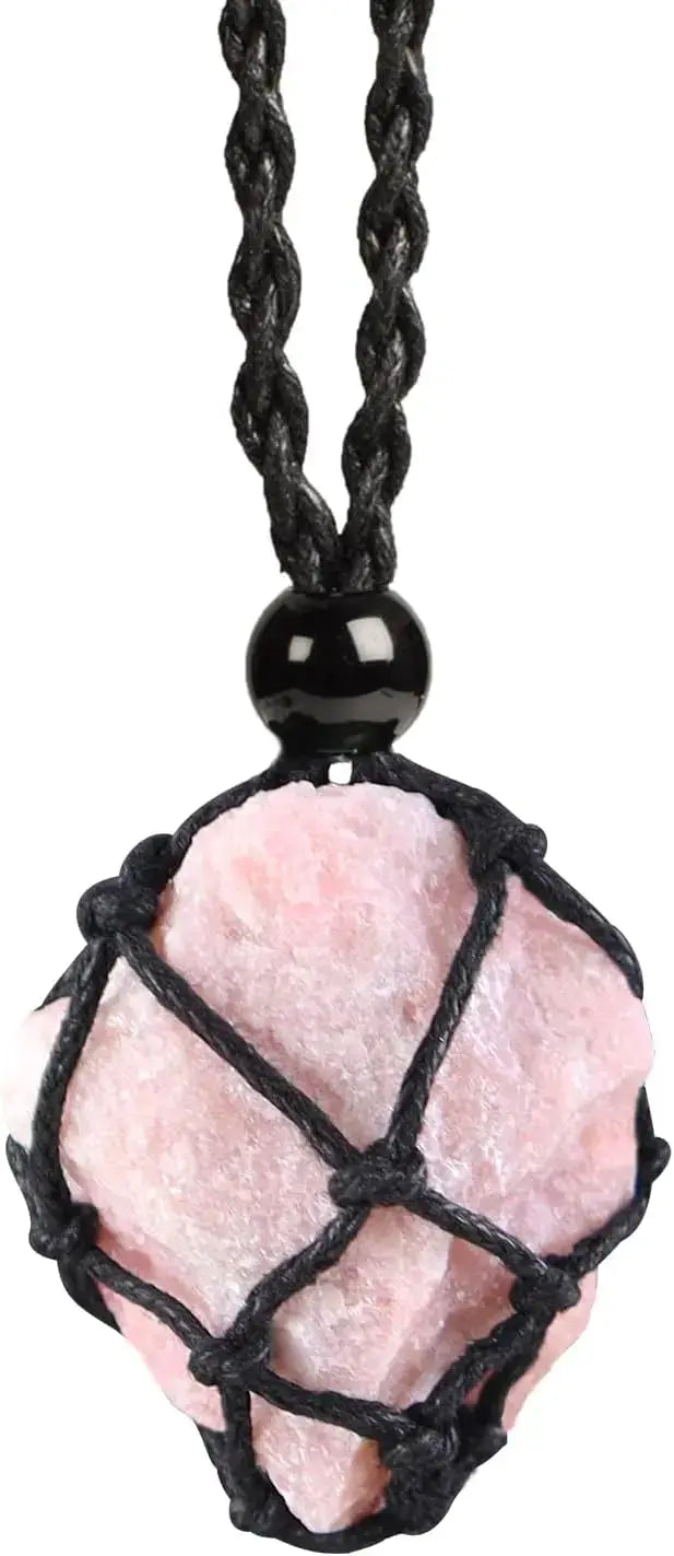 Natural Gemstone Crystal Necklace – Handwoven Stone Holder Adjustable Cord Pendant for Women & Men - Hadi Craft