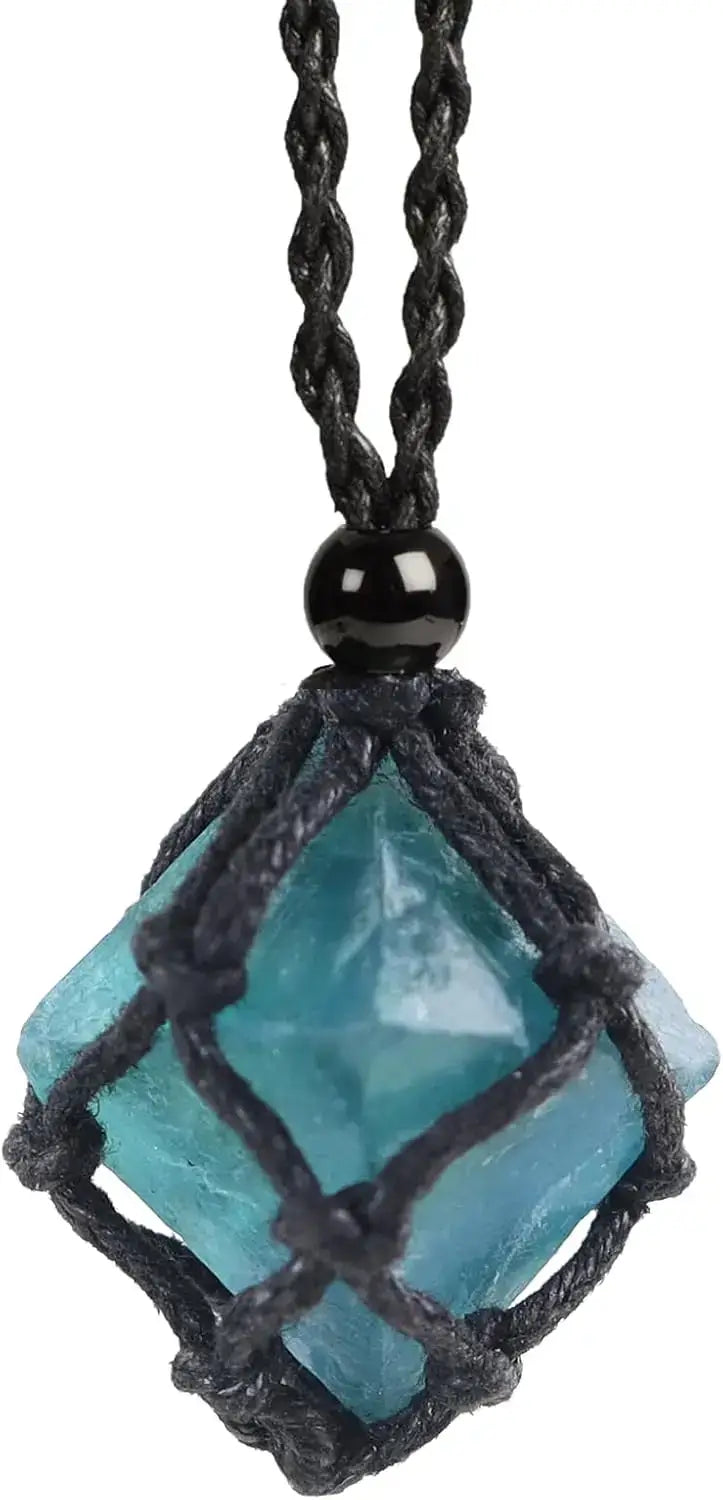 Natural Gemstone Crystal Necklace – Handwoven Stone Holder Adjustable Cord Pendant for Women & Men - Hadi Craft