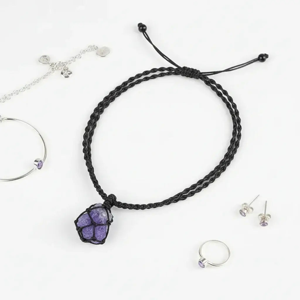 Natural Gemstone Crystal Necklace – Handwoven Stone Holder Adjustable Cord Pendant for Women & Men - Hadi Craft