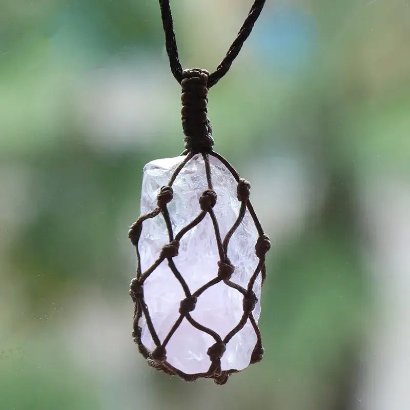 Natural Stone Mesh Pocket Necklace – Crystal Agate Handmade Adjustable Pendant Jewelry - Hadi Craft