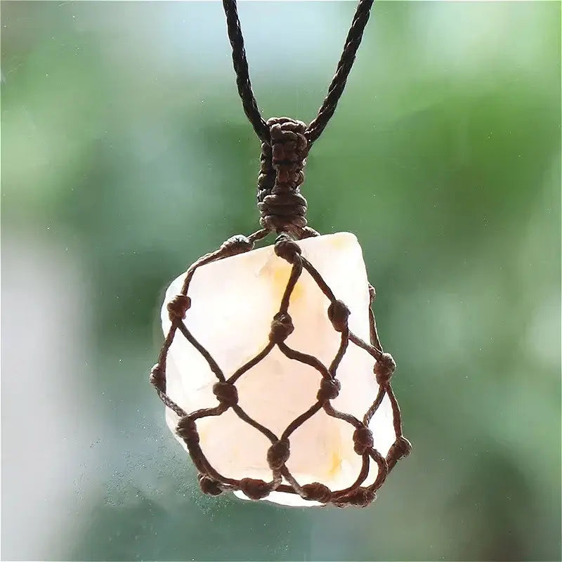 Natural Stone Mesh Pocket Necklace – Crystal Agate Handmade Adjustable Pendant Jewelry - Hadi Craft
