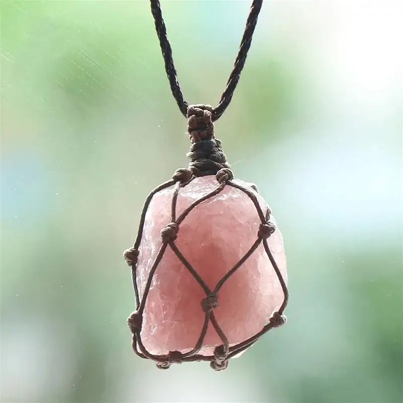 Natural Stone Mesh Pocket Necklace – Crystal Agate Handmade Adjustable Pendant Jewelry - Hadi Craft