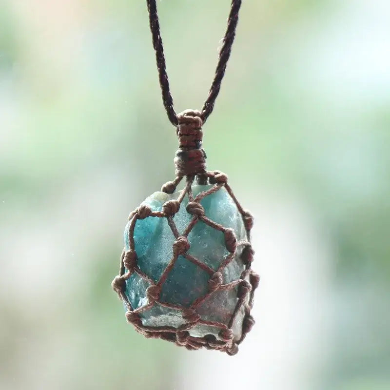 Natural Stone Mesh Pocket Necklace – Crystal Agate Handmade Adjustable Pendant Jewelry - Hadi Craft