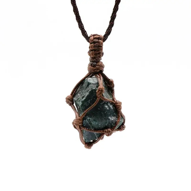 Natural Stone Mesh Pocket Necklace – Crystal Agate Handmade Adjustable Pendant Jewelry - Hadi Craft