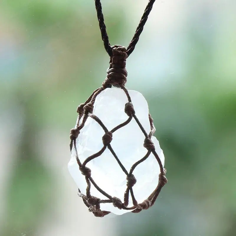 Natural Stone Mesh Pocket Necklace – Crystal Agate Handmade Adjustable Pendant Jewelry - Hadi Craft