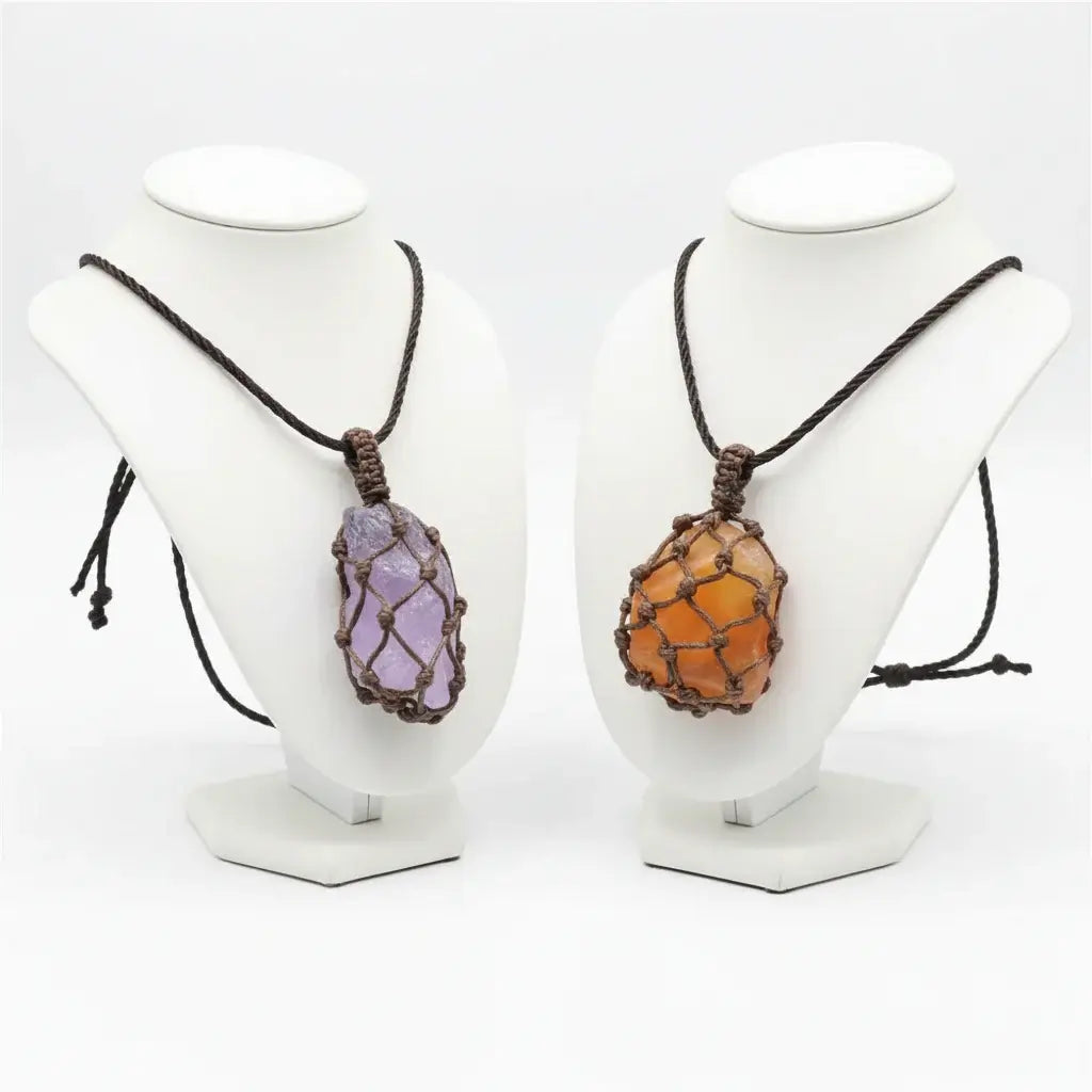 Natural Stone Mesh Pocket Necklace – Crystal Agate Handmade Adjustable Pendant Jewelry - Hadi Craft