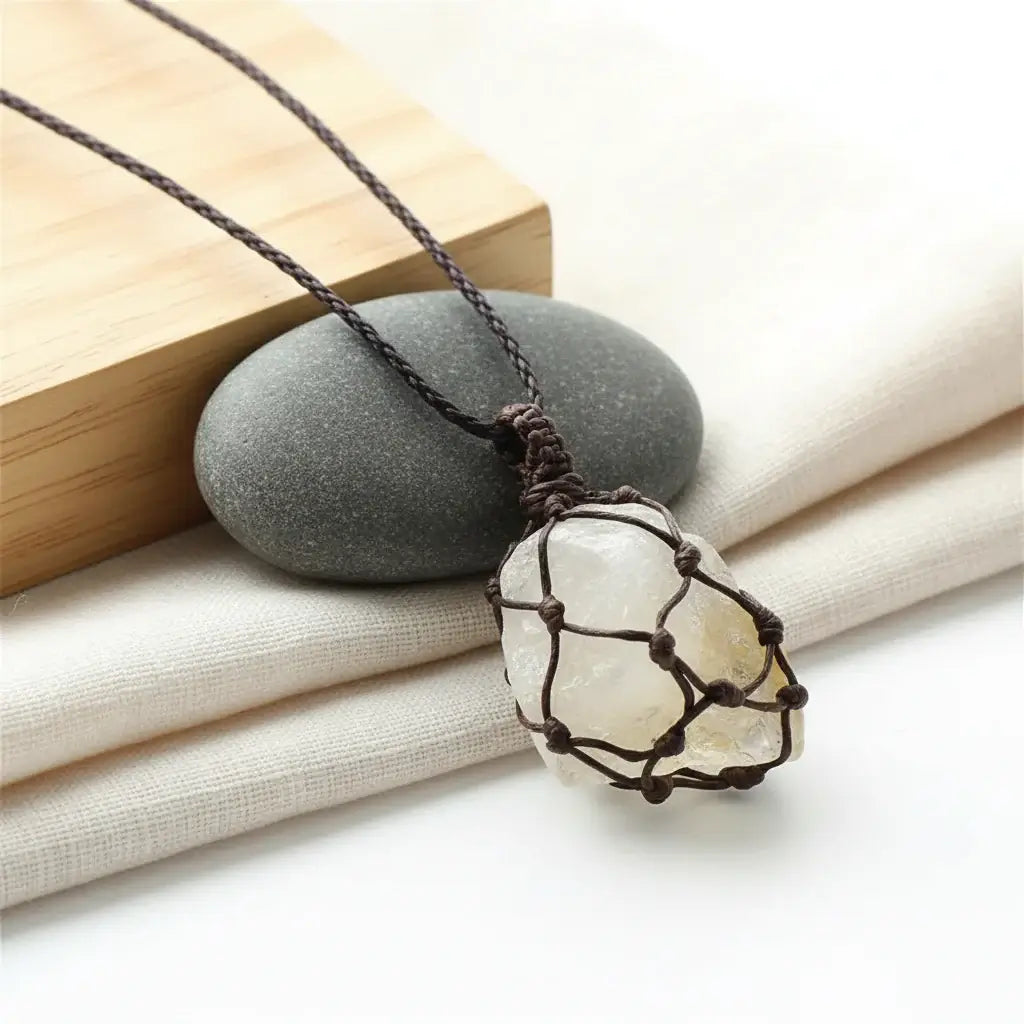 Natural Stone Mesh Pocket Necklace – Crystal Agate Handmade Adjustable Pendant Jewelry - Hadi Craft
