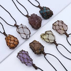 Natural Stone Mesh Pocket Necklace – Crystal Agate Handmade Adjustable Pendant Jewelry - Hadi Craft