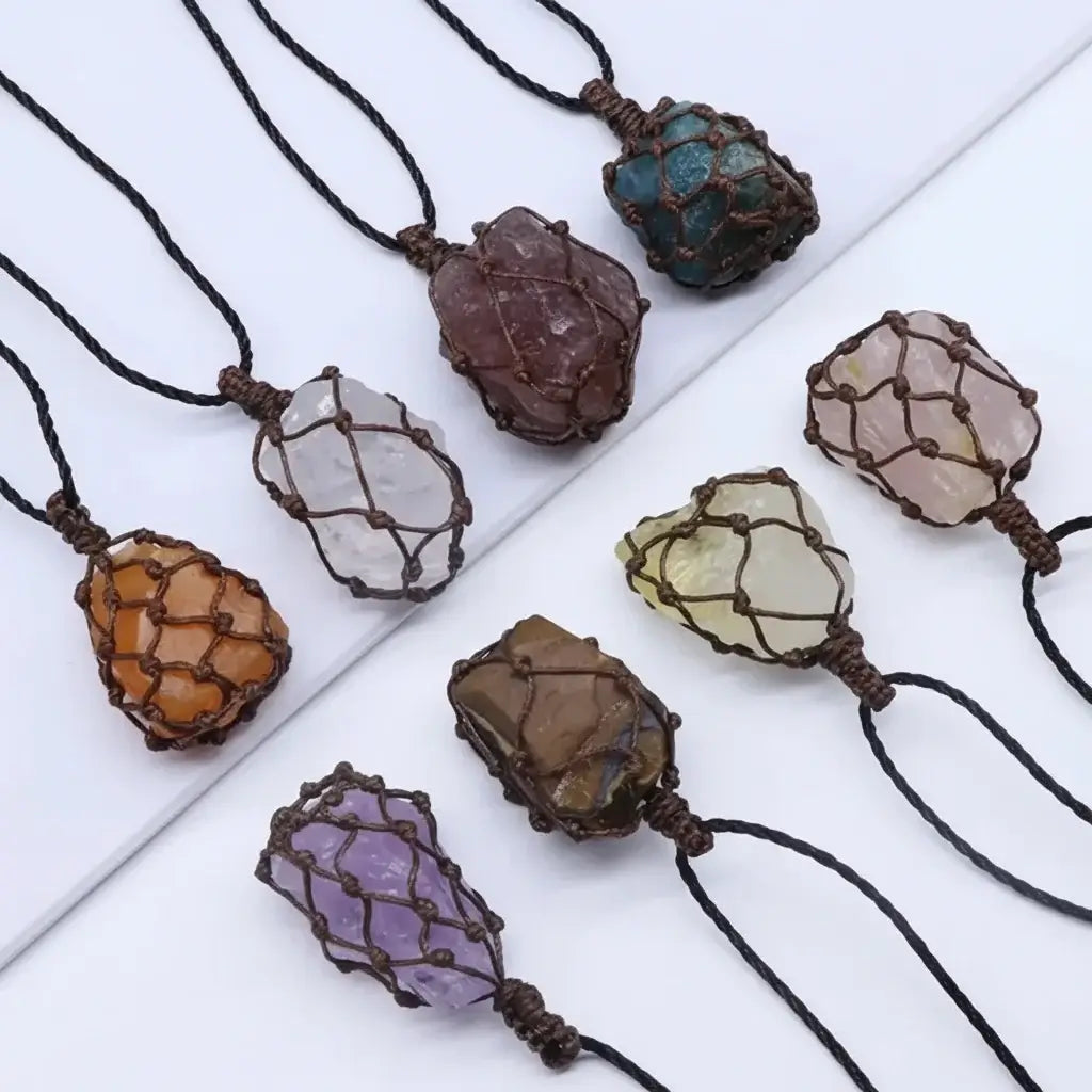 Natural Stone Mesh Pocket Necklace – Crystal Agate Handmade Adjustable Pendant Jewelry - Hadi Craft