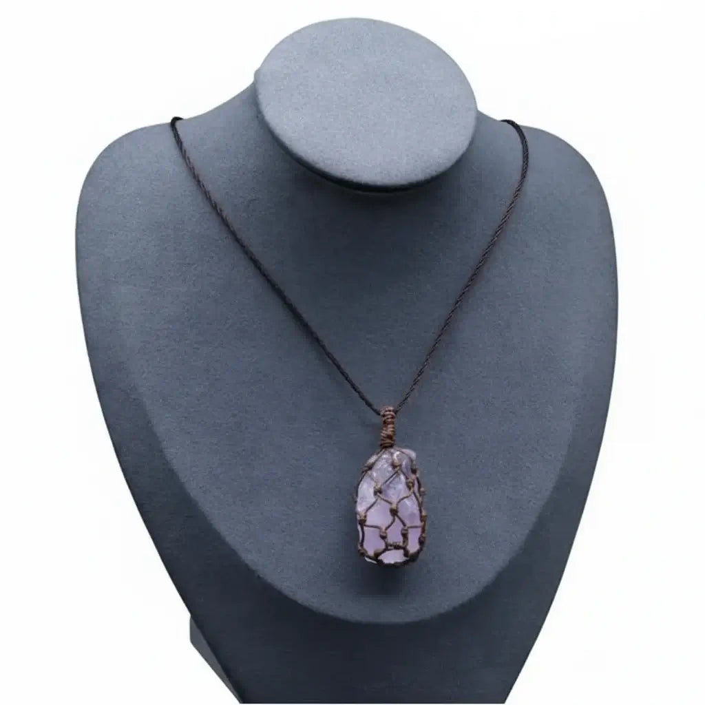 Natural Stone Mesh Pocket Necklace – Crystal Agate Handmade Adjustable Pendant Jewelry - Hadi Craft