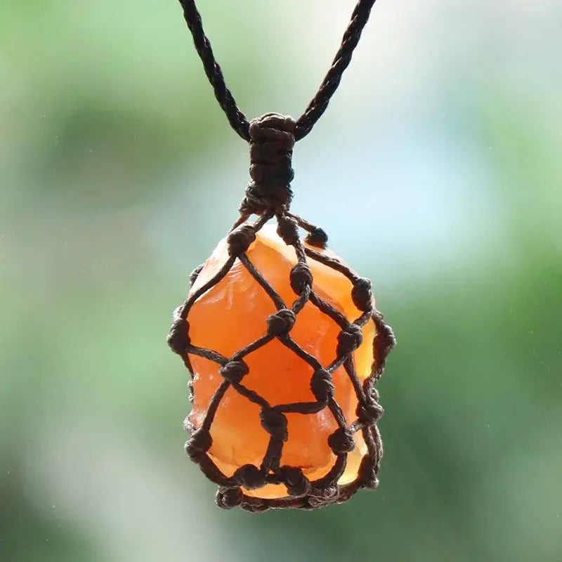 Natural Stone Mesh Pocket Necklace – Crystal Agate Handmade Adjustable Pendant Jewelry - Hadi Craft