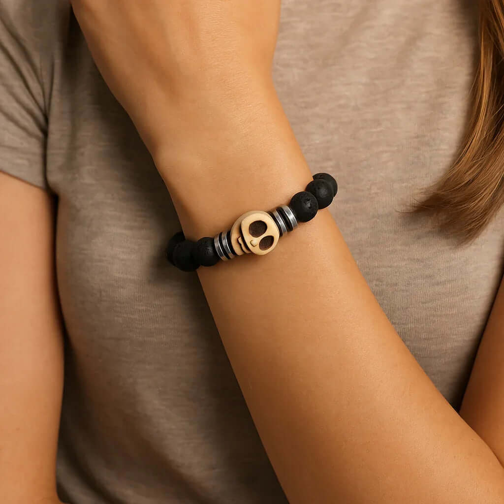 Natural black Lava and white skull stone Bead Bracelet - Hadi Craft