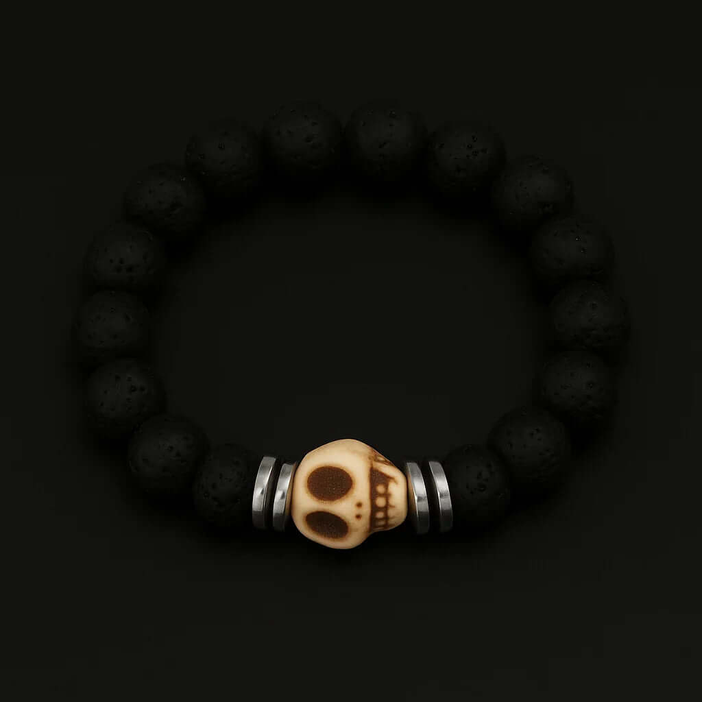 Natural black Lava and white skull stone Bead Bracelet - Hadi Craft