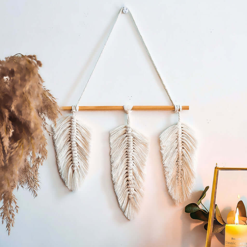 Nordic Boho Woven Wall Hanging – Cotton Macrame Decor with Leaf & Crescent Design - Hadi Craft