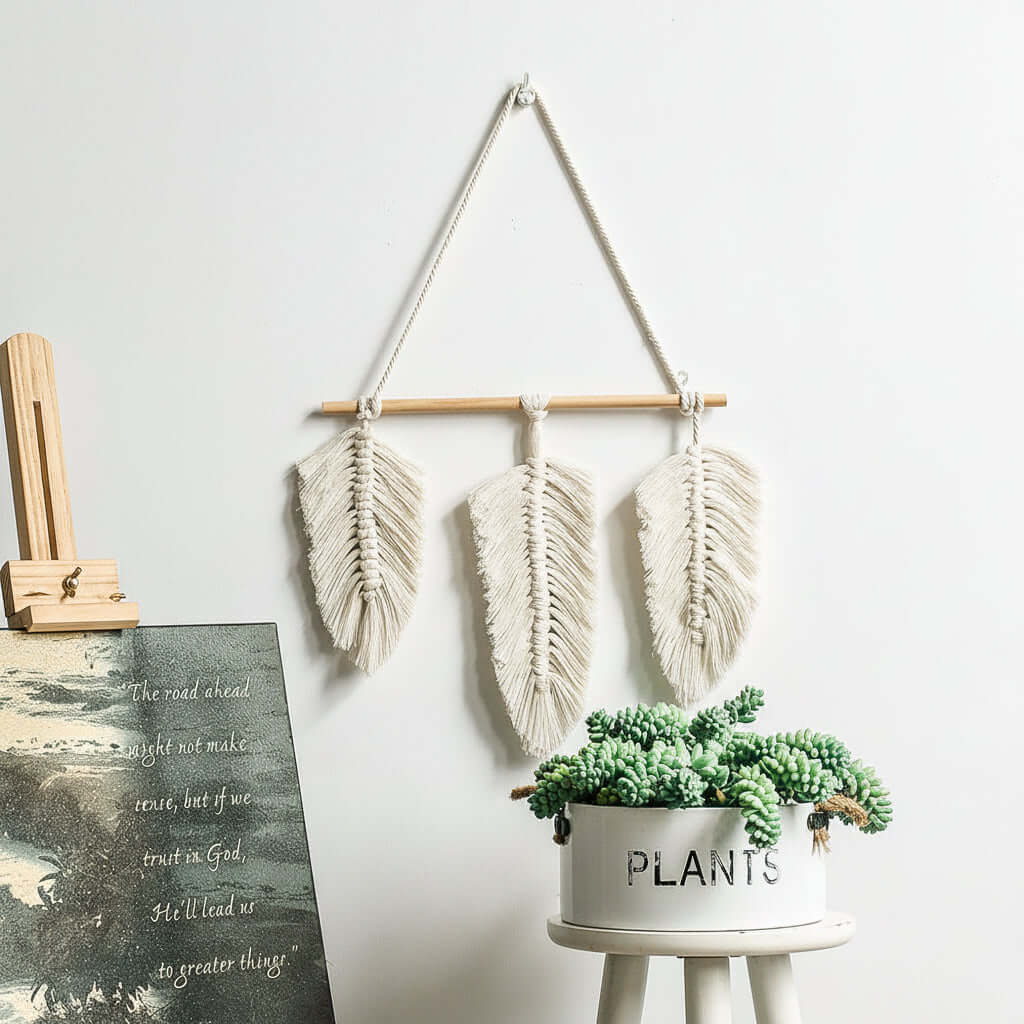Nordic Boho Woven Wall Hanging – Cotton Macrame Decor with Leaf & Crescent Design - Hadi Craft