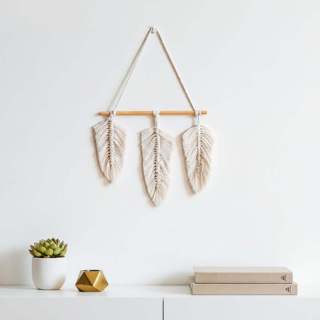 Nordic Boho Woven Wall Hanging – Cotton Macrame Decor with Leaf & Crescent Design - Hadi Craft