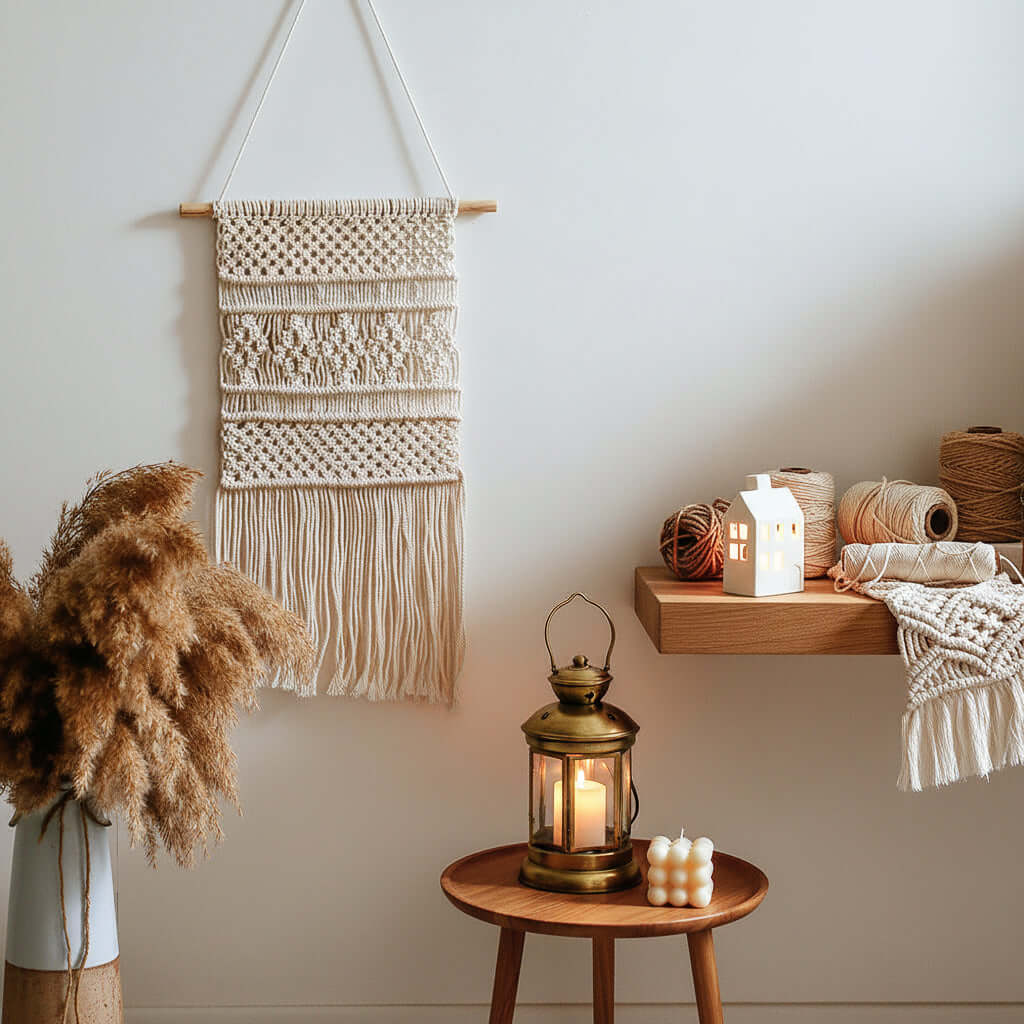Nordic Boho Woven Wall Hanging – Cotton Macrame Decor with Leaf & Crescent Design - Hadi Craft