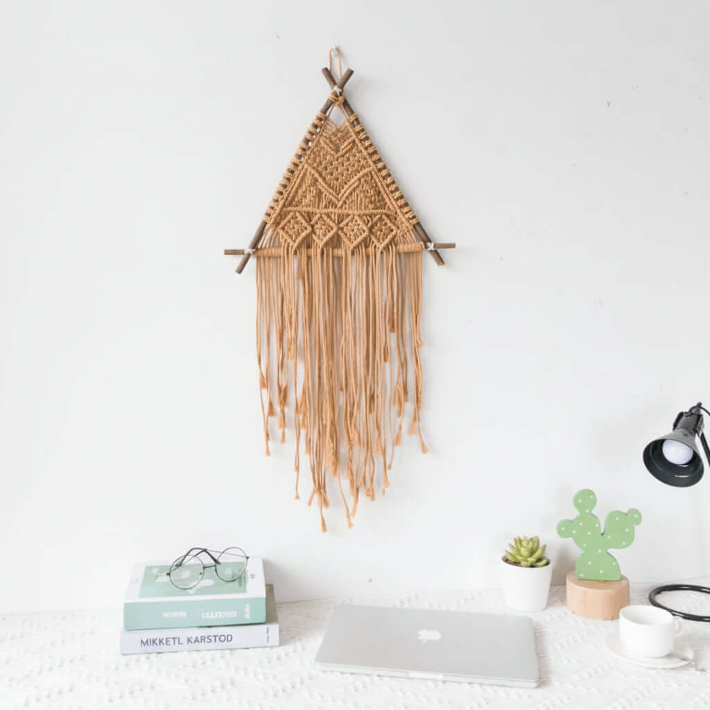 Nordic Macrame Wall Hanging – Boho Cotton Rope Tapestry with Wooden Branch - Hadi Craft