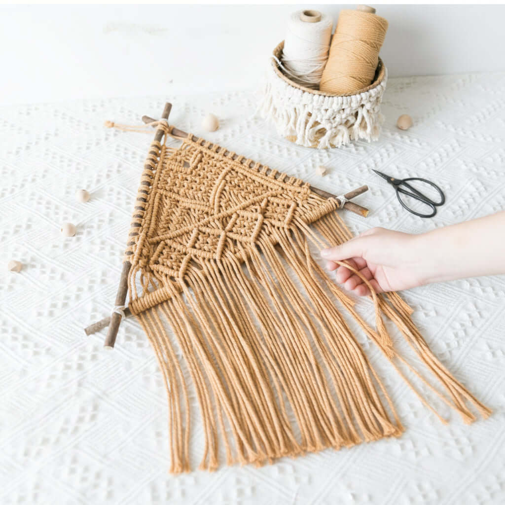 Nordic Macrame Wall Hanging – Boho Cotton Rope Tapestry with Wooden Branch - Hadi Craft