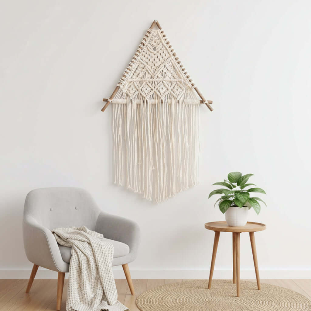 Nordic Macrame Wall Hanging – Boho Cotton Rope Tapestry with Wooden Branch - Hadi Craft