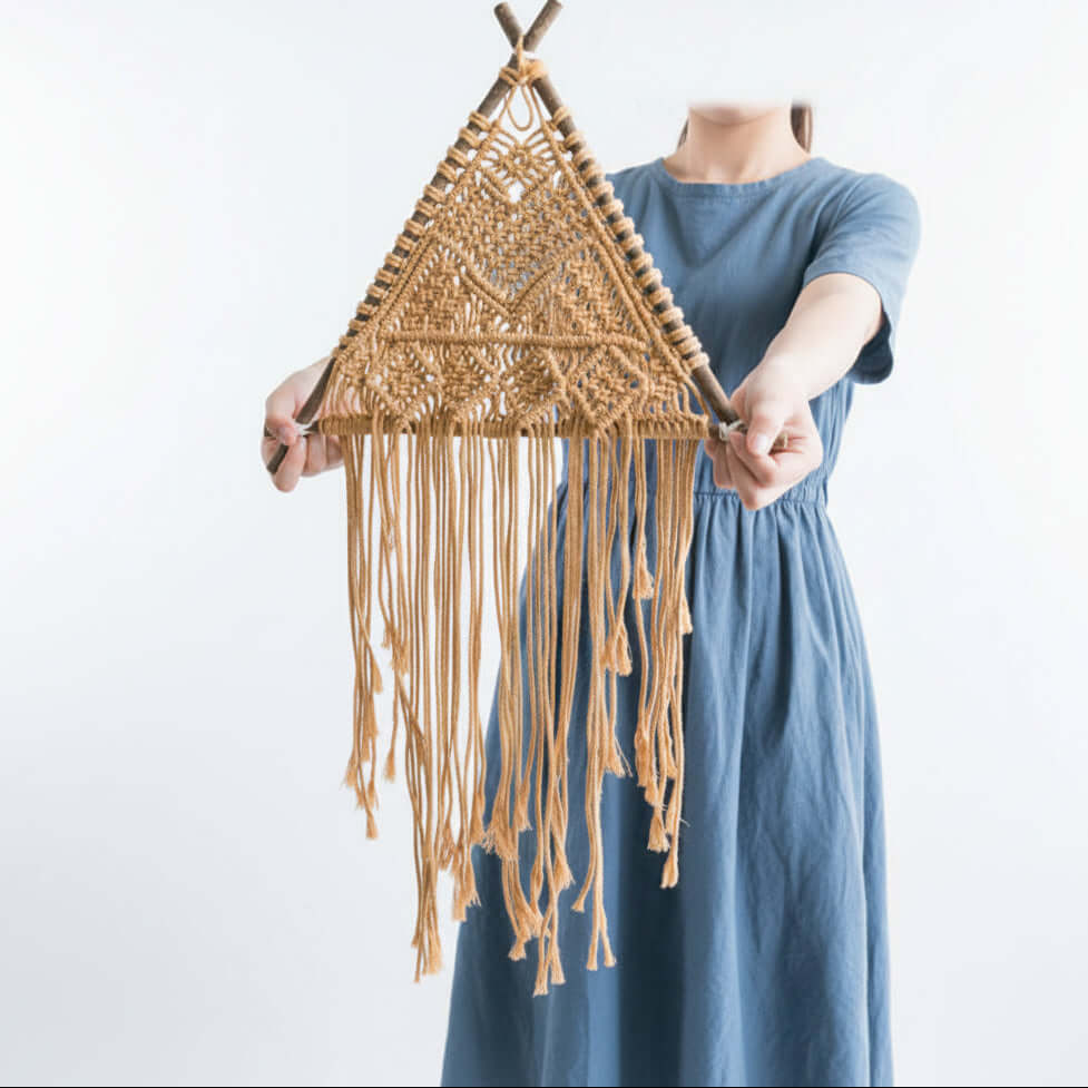 Nordic Macrame Wall Hanging – Boho Cotton Rope Tapestry with Wooden Branch - Hadi Craft
