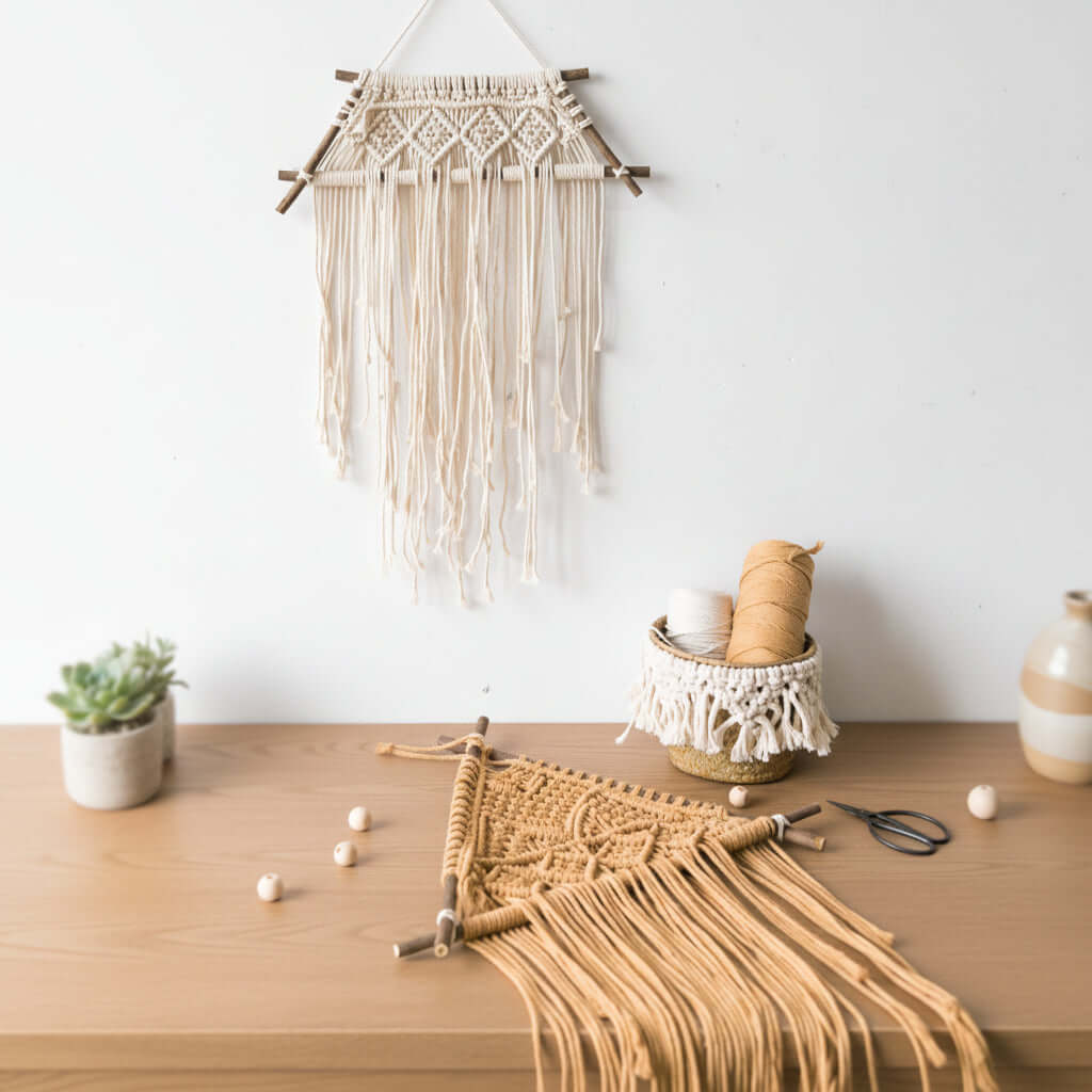 Nordic Macrame Wall Hanging – Boho Cotton Rope Tapestry with Wooden Branch - Hadi Craft