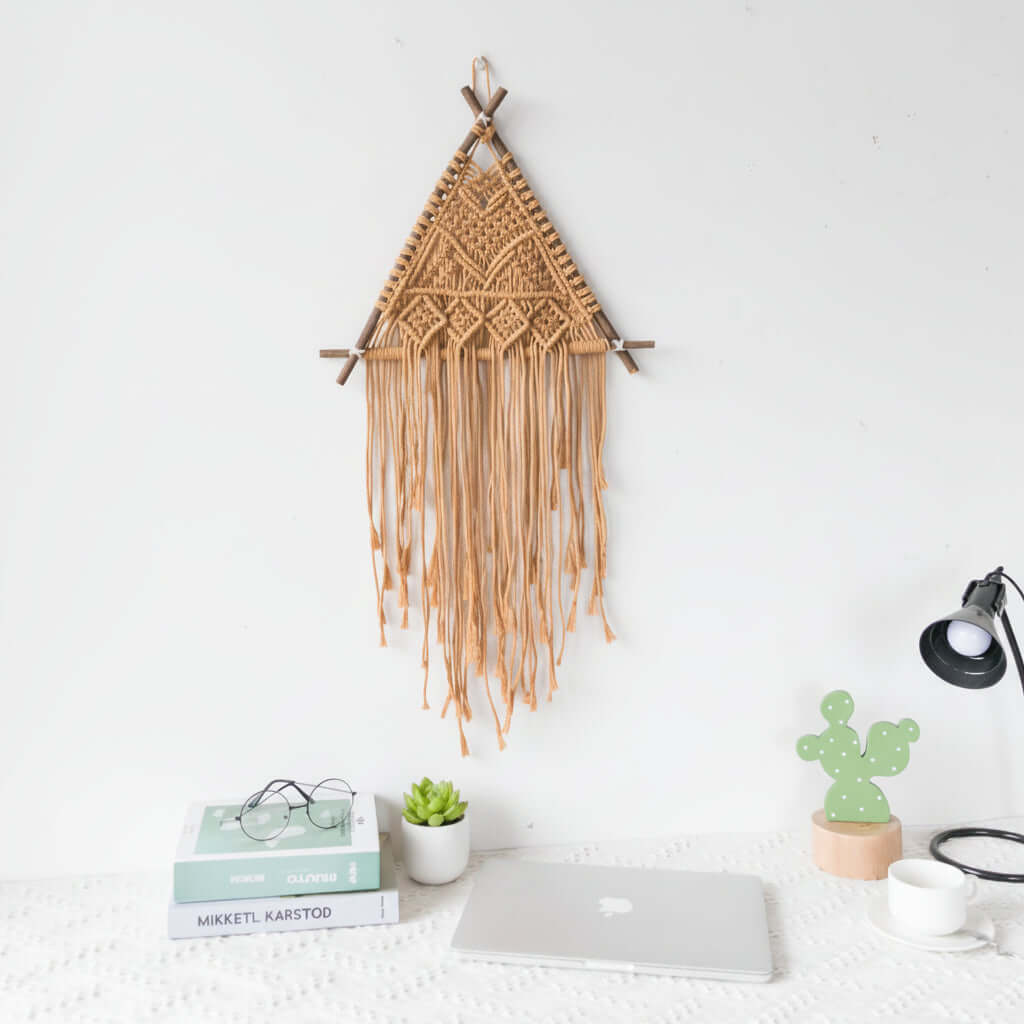 Nordic Macrame Wall Hanging – Boho Cotton Rope Tapestry with Wooden Branch - Hadi Craft