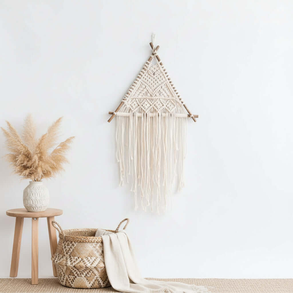 Nordic Macrame Wall Hanging – Boho Cotton Rope Tapestry with Wooden Branch - Hadi Craft