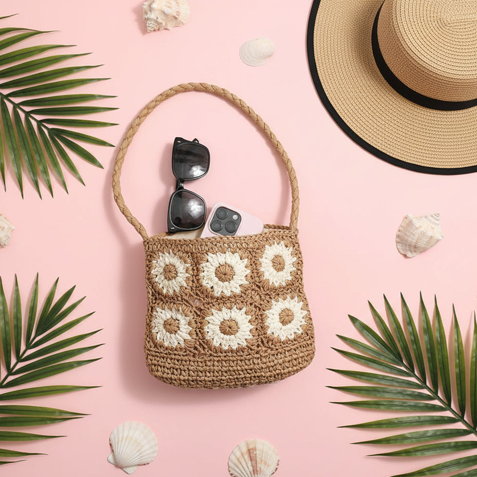 Floral Shoulder Straw Bag Hand Woven Bag Vacation Beach Bag Women Bag
