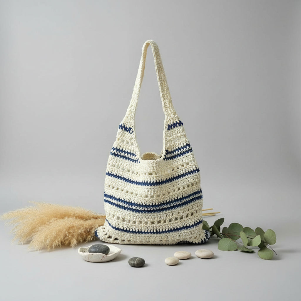 Striped Single Shoulder Cotton Thread Woven Bag Large Capacity