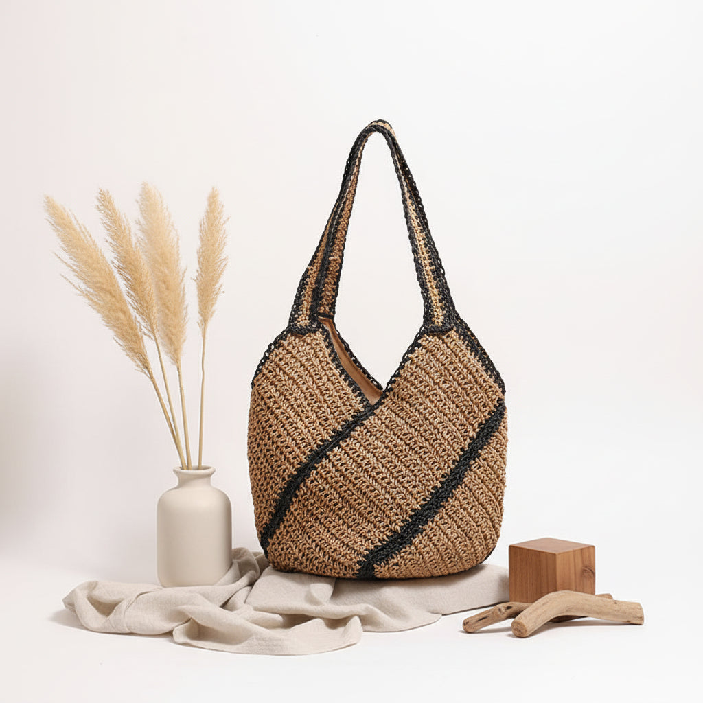 Geometric Abstract Shoulder Straw Bag Color Contrast Large Capacity Straw Bag