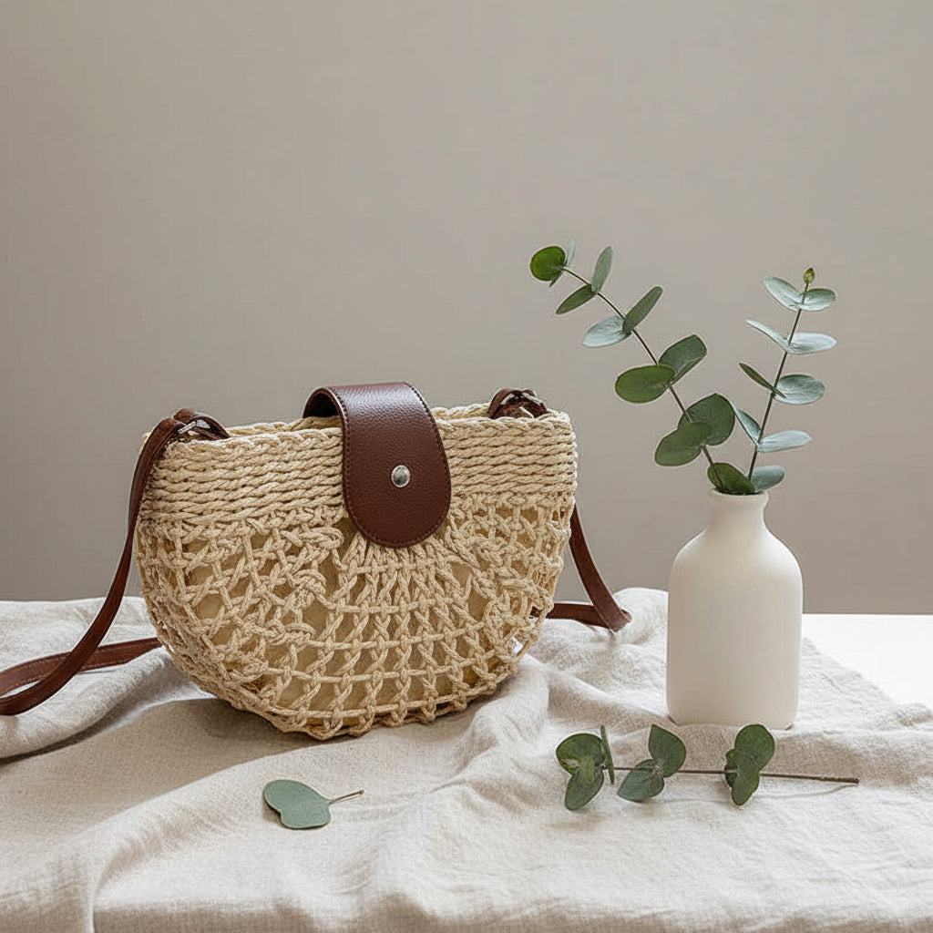 Hollow Out Cutout Semicircle Straw Bag Shoulder Crossbody Casual Straw Bag