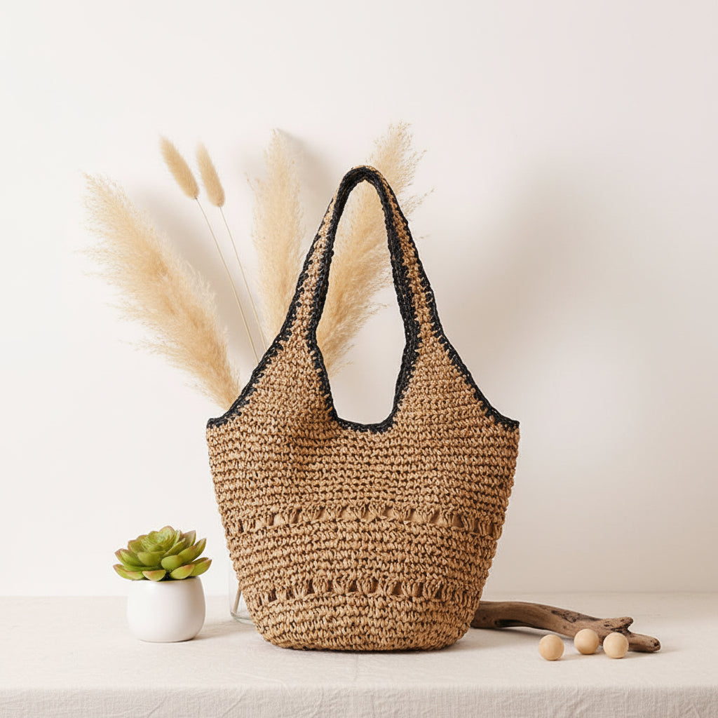 One Shoulder Straw Bag Casual Hollow Out Cutout Portable Straw Bag