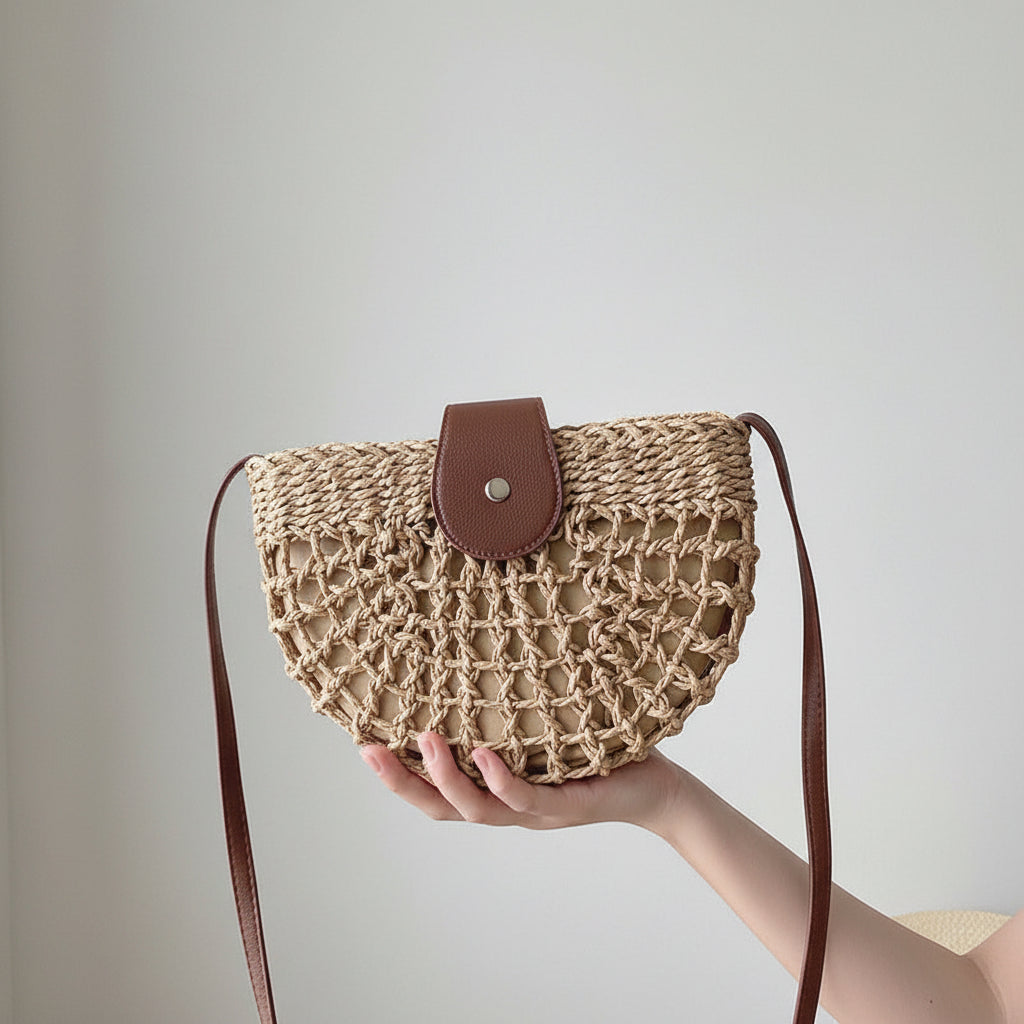 Hollow Out Cutout Semicircle Straw Bag Shoulder Crossbody Casual Straw Bag