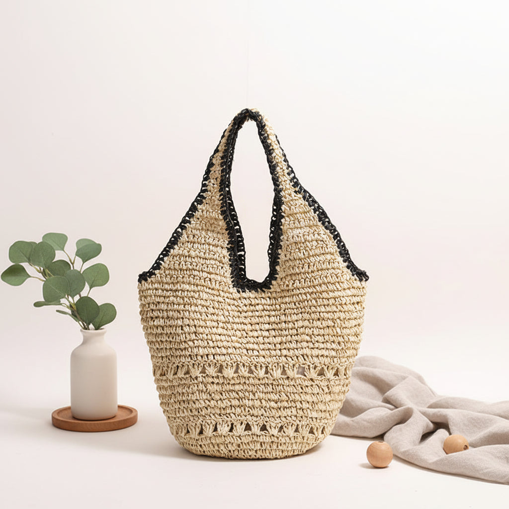 One Shoulder Straw Bag Casual Hollow Out Cutout Portable Straw Bag