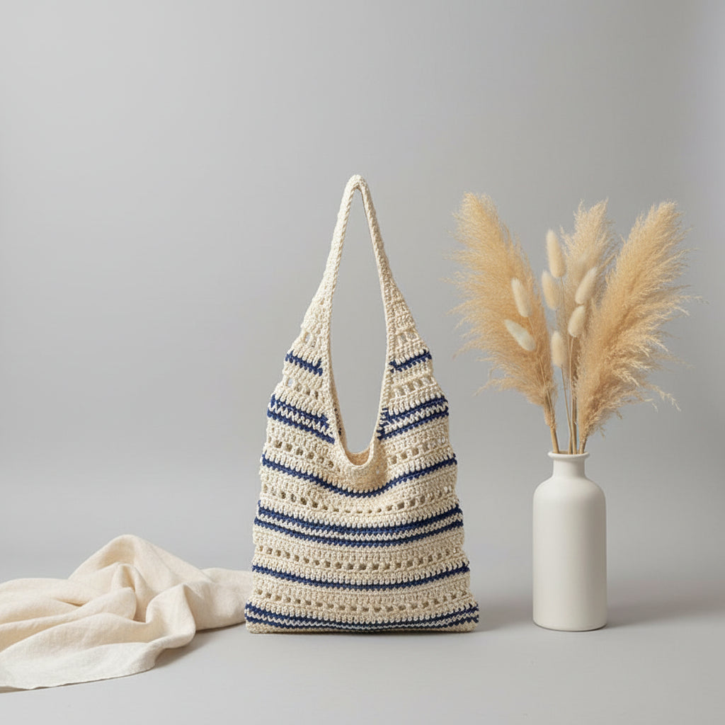 Striped Single Shoulder Cotton Thread Woven Bag Large Capacity