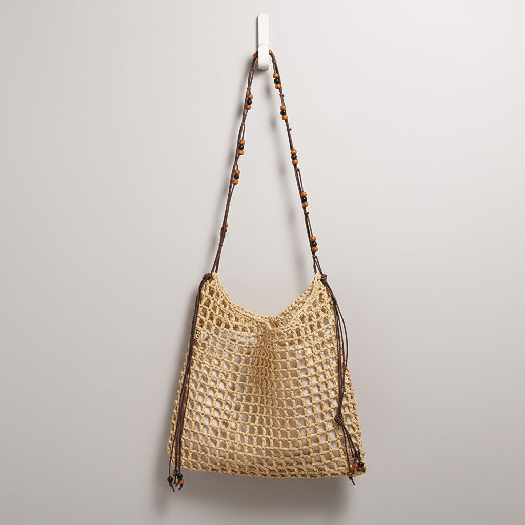 Straw Woven Bag With Lace Up Pattern Suitable For Women Beach Vacation Beach Bag