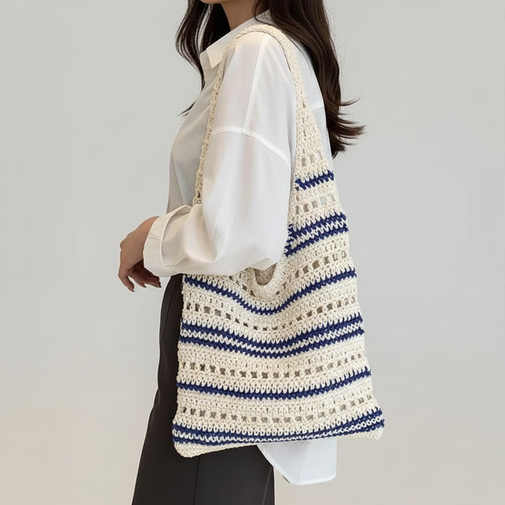 Striped Single Shoulder Cotton Thread Woven Bag Large Capacity