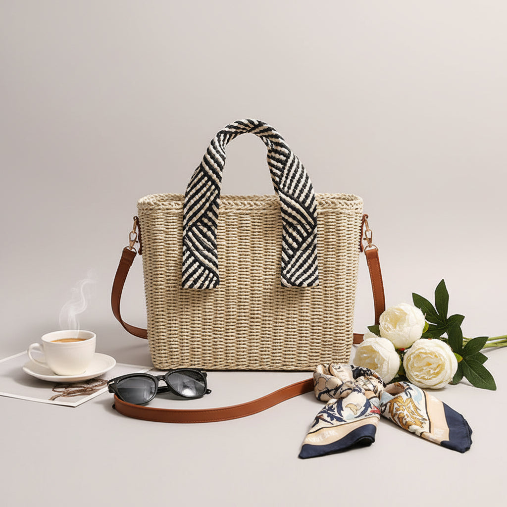 Handheld Straw Bag Square Solid Color Crossbody Woven Bag