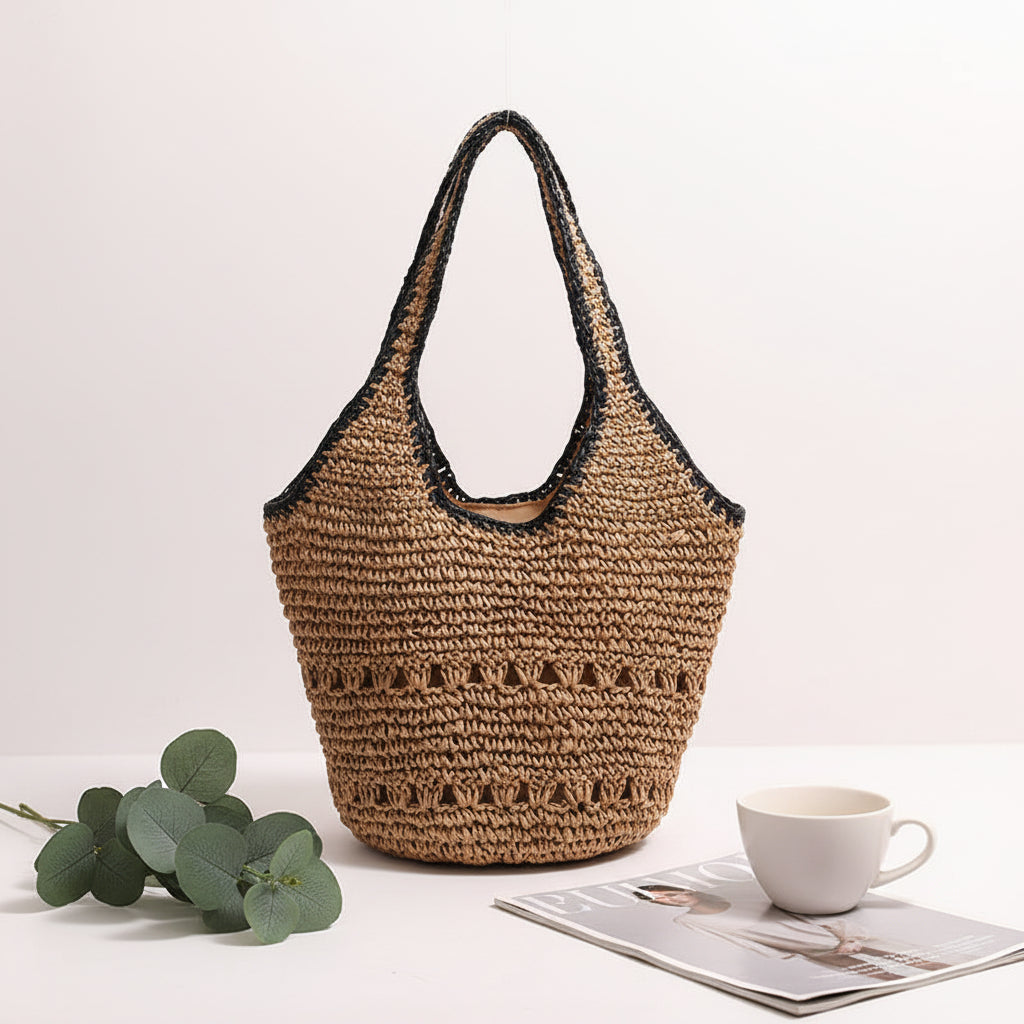 One Shoulder Straw Bag Casual Hollow Out Cutout Portable Straw Bag