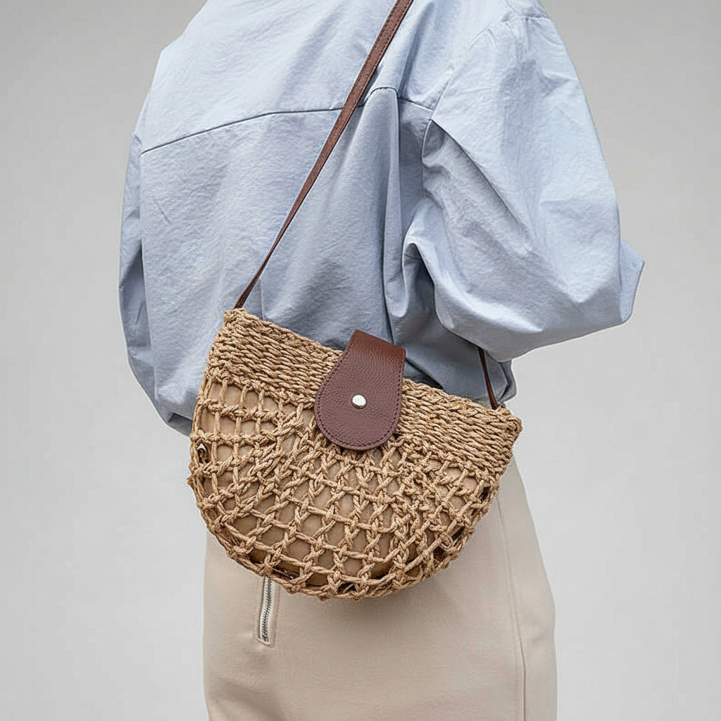 Hollow Out Cutout Semicircle Straw Bag Shoulder Crossbody Casual Straw Bag