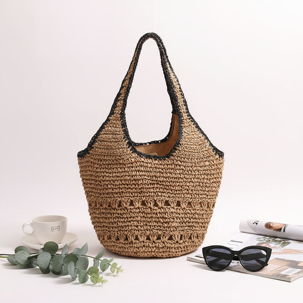 One Shoulder Straw Bag Casual Hollow Out Cutout Portable Straw Bag