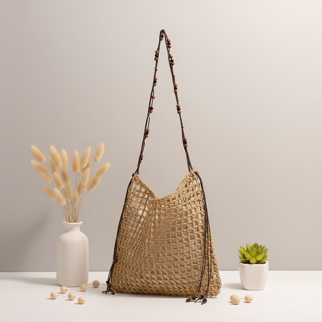 Straw Woven Bag With Lace Up Pattern Suitable For Women Beach Vacation Beach Bag