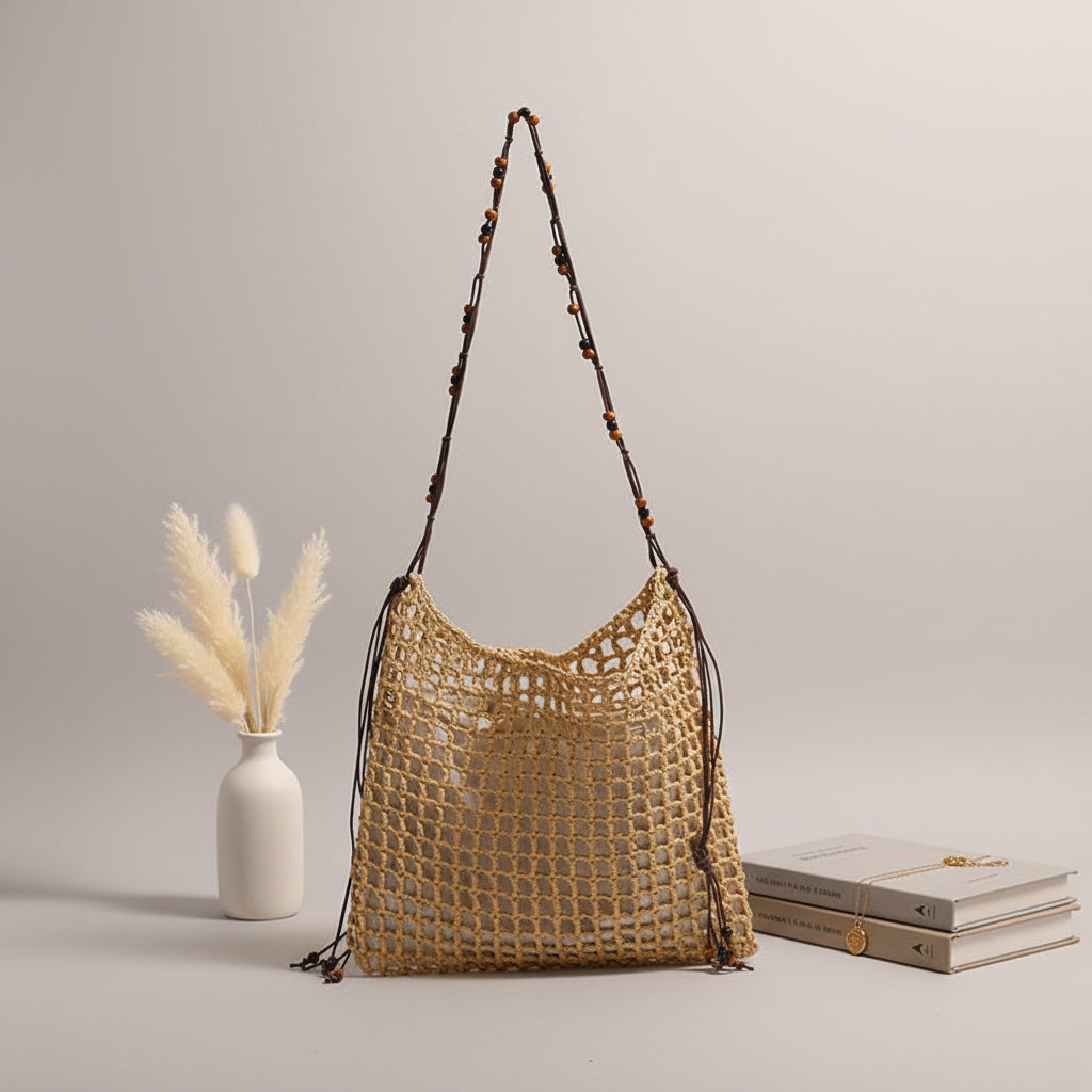 Straw Woven Bag With Lace Up Pattern Suitable For Women Beach Vacation Beach Bag