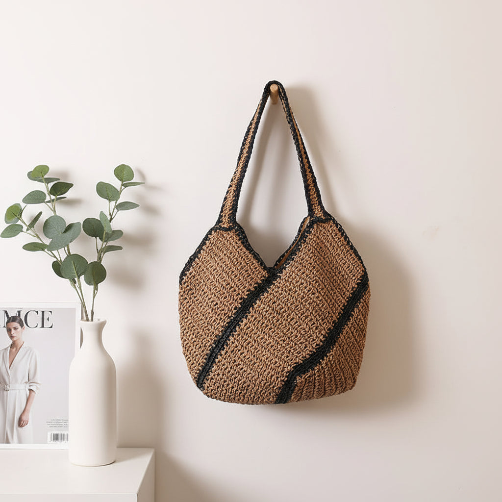 Geometric Abstract Shoulder Straw Bag Color Contrast Large Capacity Straw Bag