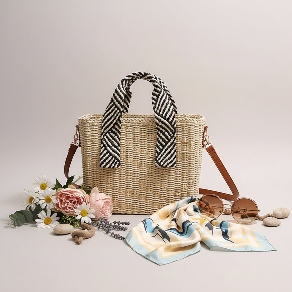 Handheld Straw Bag Square Solid Color Crossbody Woven Bag