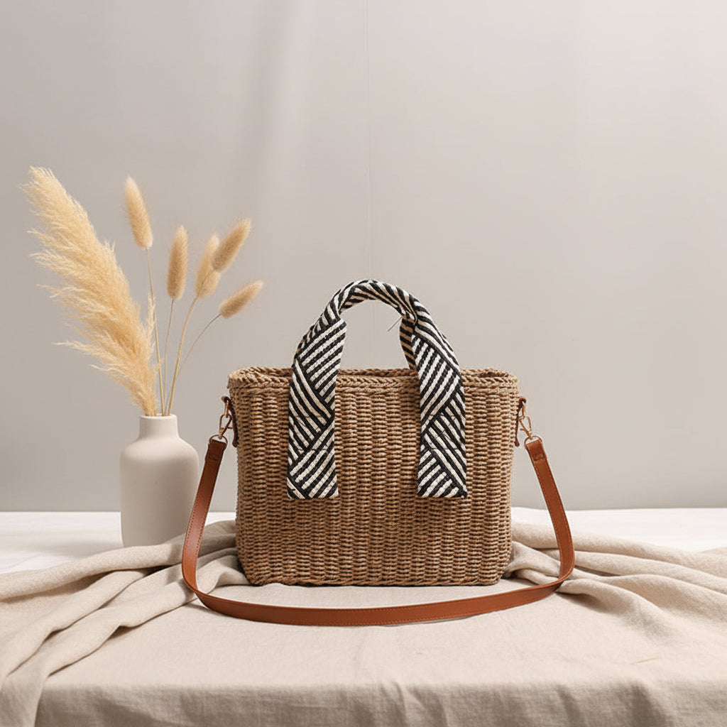 Handheld Straw Bag Square Solid Color Crossbody Woven Bag