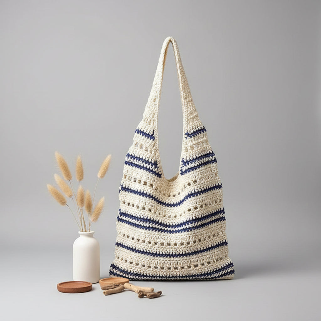 Striped Single Shoulder Cotton Thread Woven Bag Large Capacity
