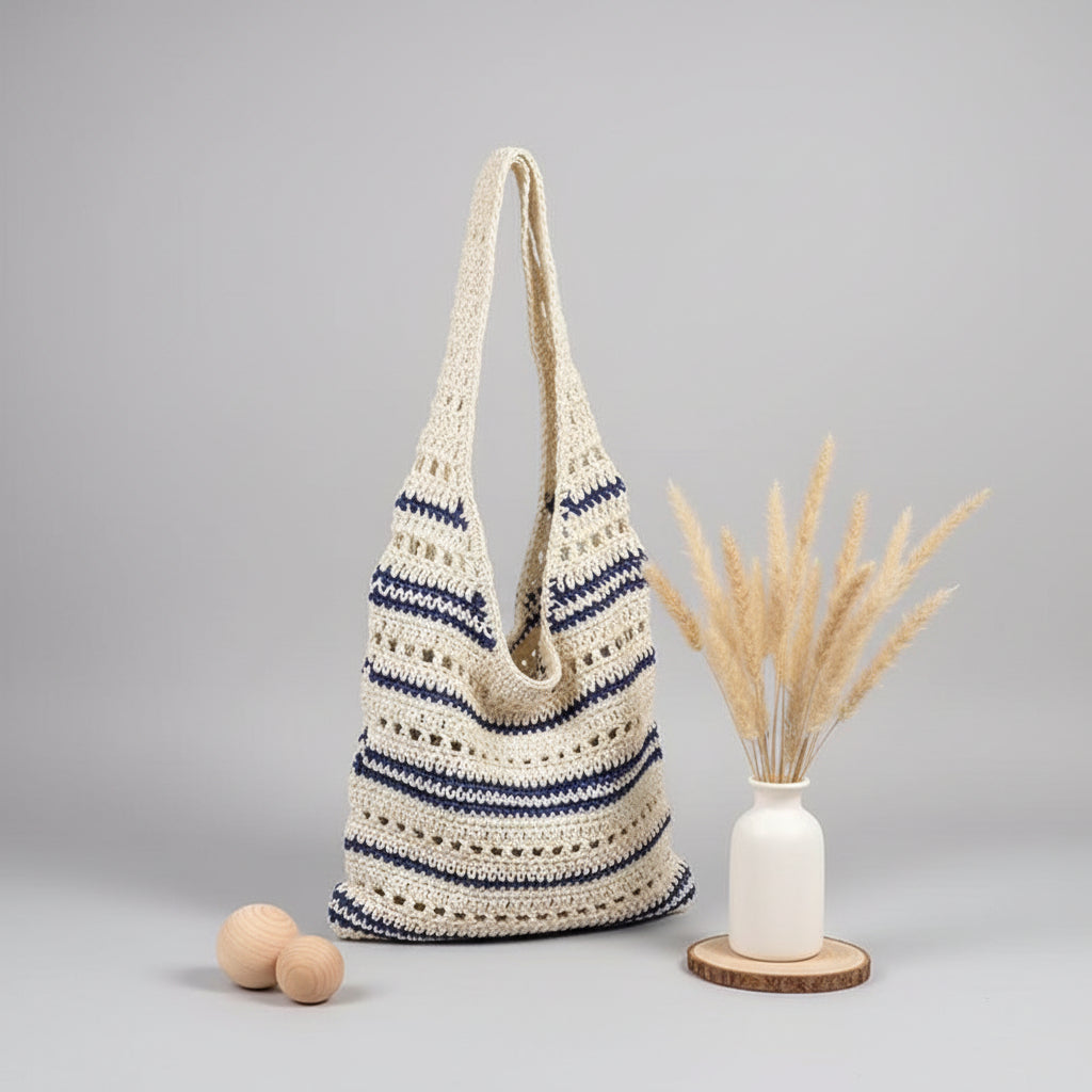 Striped Single Shoulder Cotton Thread Woven Bag Large Capacity