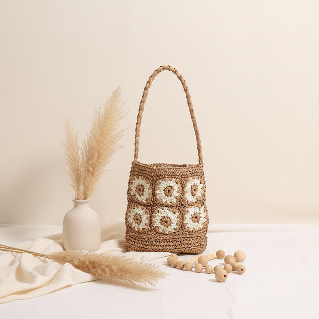 Floral Shoulder Straw Bag Hand Woven Bag Vacation Beach Bag Women Bag